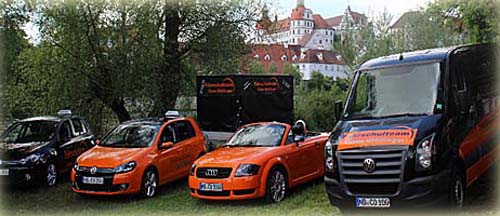 Die Fahrschulflotte: Pkw, Cabrio, Lkw und Transporter vor dem Neuburger Schloss